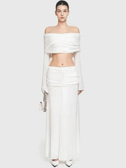 Off Shoulder Pleated Cropped Top With High Waist Midi Skirt Set