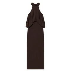 Brown halter neck dress on a white background