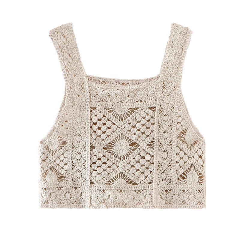 Crochet Hollow Out Geometry Floral Pattern Knitted Vest Top - Golden Atelier