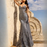 Grey Sequins Mermaid Prom Dress Lace Embroidered Trumpet Dress