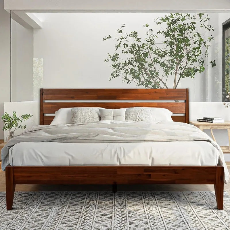 Mid-Century Dark Wood Bed Frame with Headboard