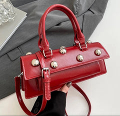 Red riveted PU leather top handle bag