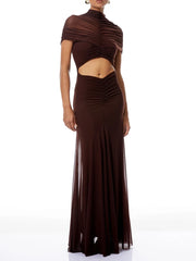 Brown ruched cutout high neck sleeveless maxi Dress