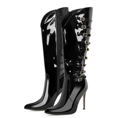 Pointed toe stiletto buckle boots