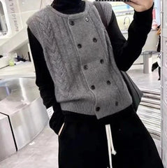 Round Neck Double Breasted Knitted Vest Sleeveless Sweater