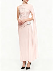 Pleated one shoulder cape maxi dress with round neckline
