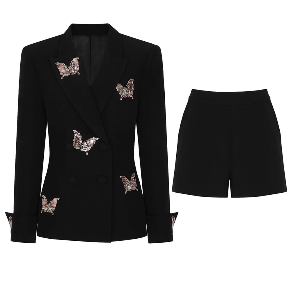 Embellished butterfly double breasted blazer with shorts