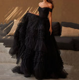 Open Shoulder Multilayer Ball Gown Tulle Puffy Robes Evening Dress
