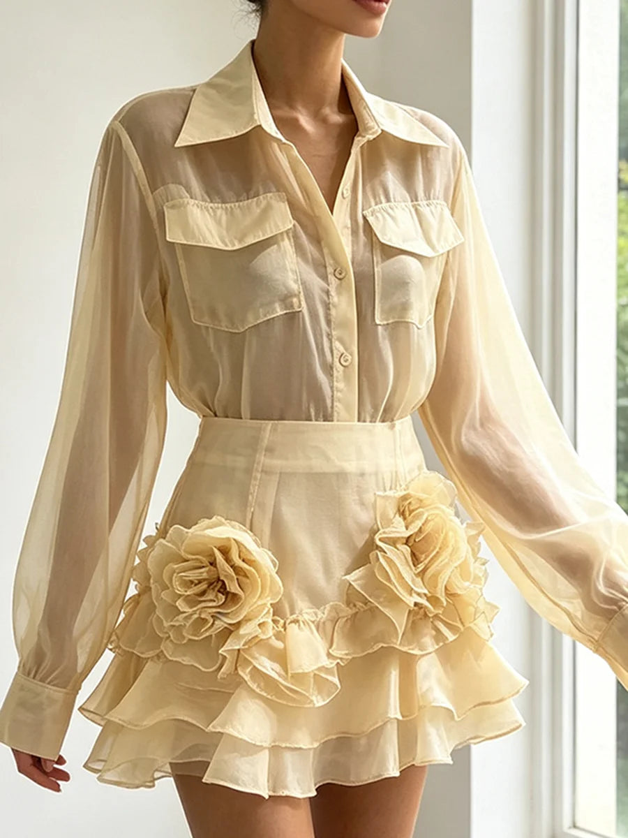 Sheer organza lapel long sleeve top and floral ruffle mini skirt set