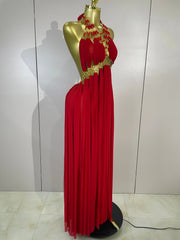 Gold Trim Halter Neck Maxi Dress