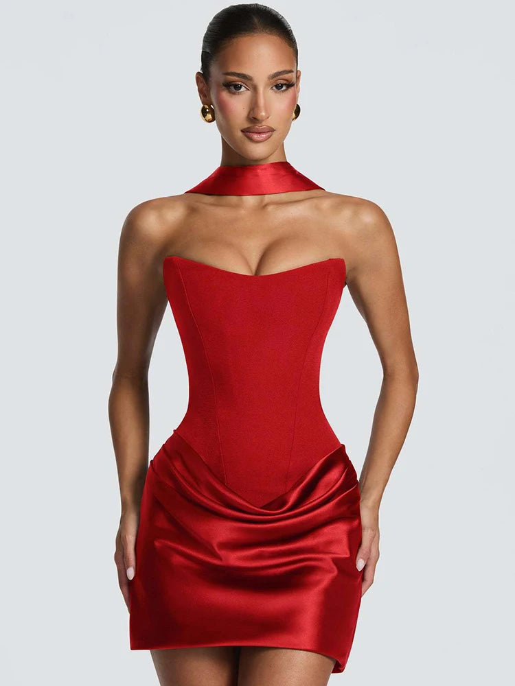 Strapless choker neck ruched mini dress in red