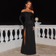 elegant black evening dress with long sleeves

