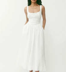 White Linen Square Collar Lace Up Mid Length Dress