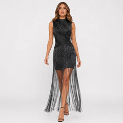Mock Neck Fringe Maxi Dress