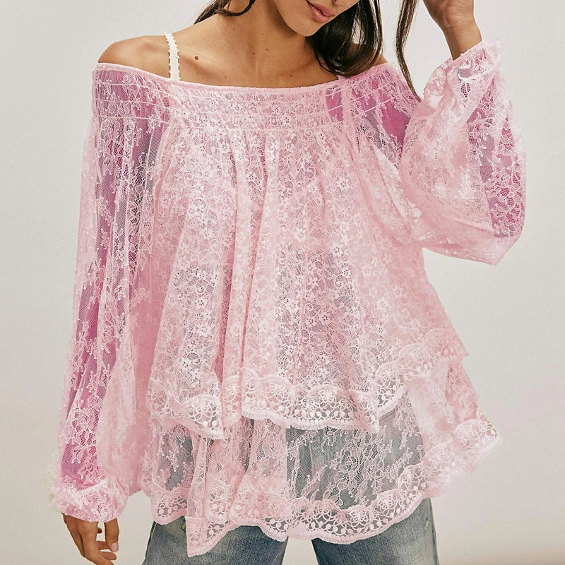Pink lace off-shoulder blouse with ruffled hem