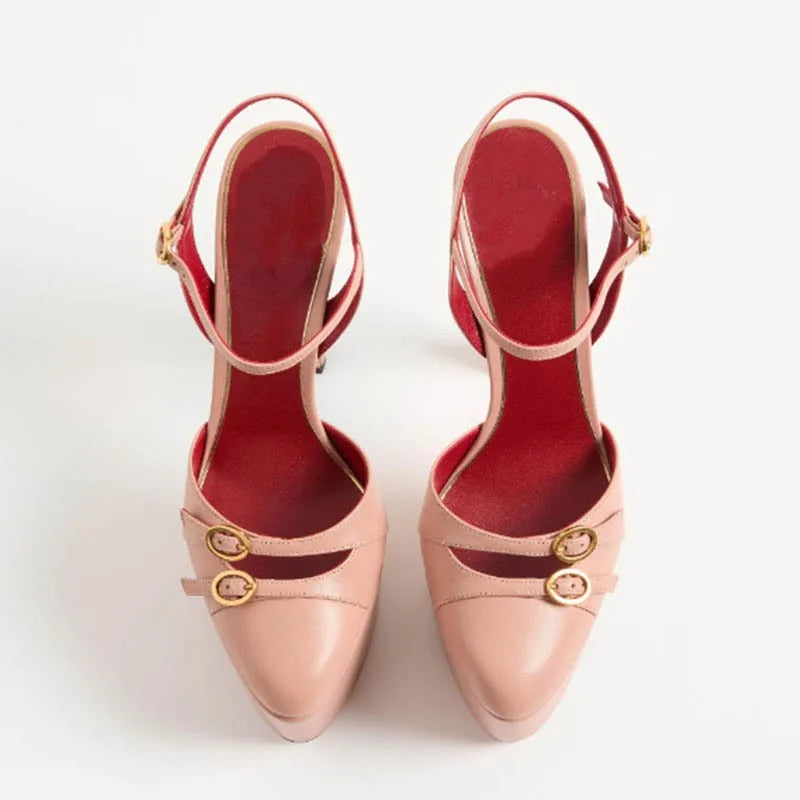 Top view of pink platform buckle strap stiletto sandals