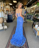 Blue Mermaid Corset Tulle Prom Dresses For Women