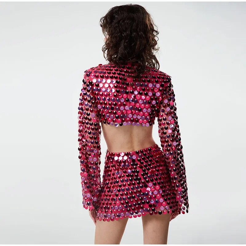 Sequined Long Sleeve O Neck Backless Hallow Out Mini Dress