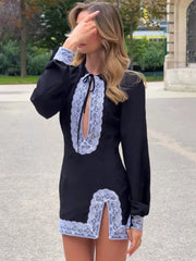 Black Long Sleeve Lace Hollow Out Split Mini Dress