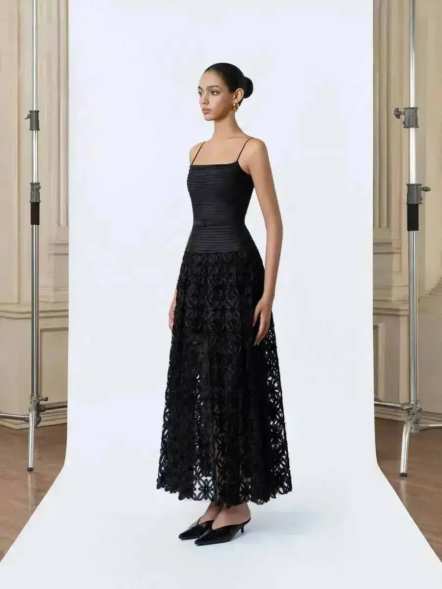 Black floral midi dress side view