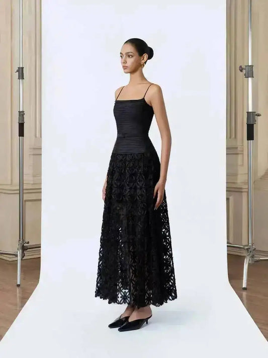 Black floral midi dress side view