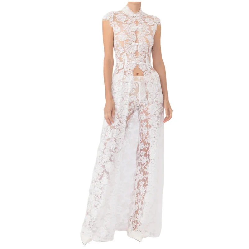 White lace sleeveless mock neck top and wide leg pants suit on mannequin