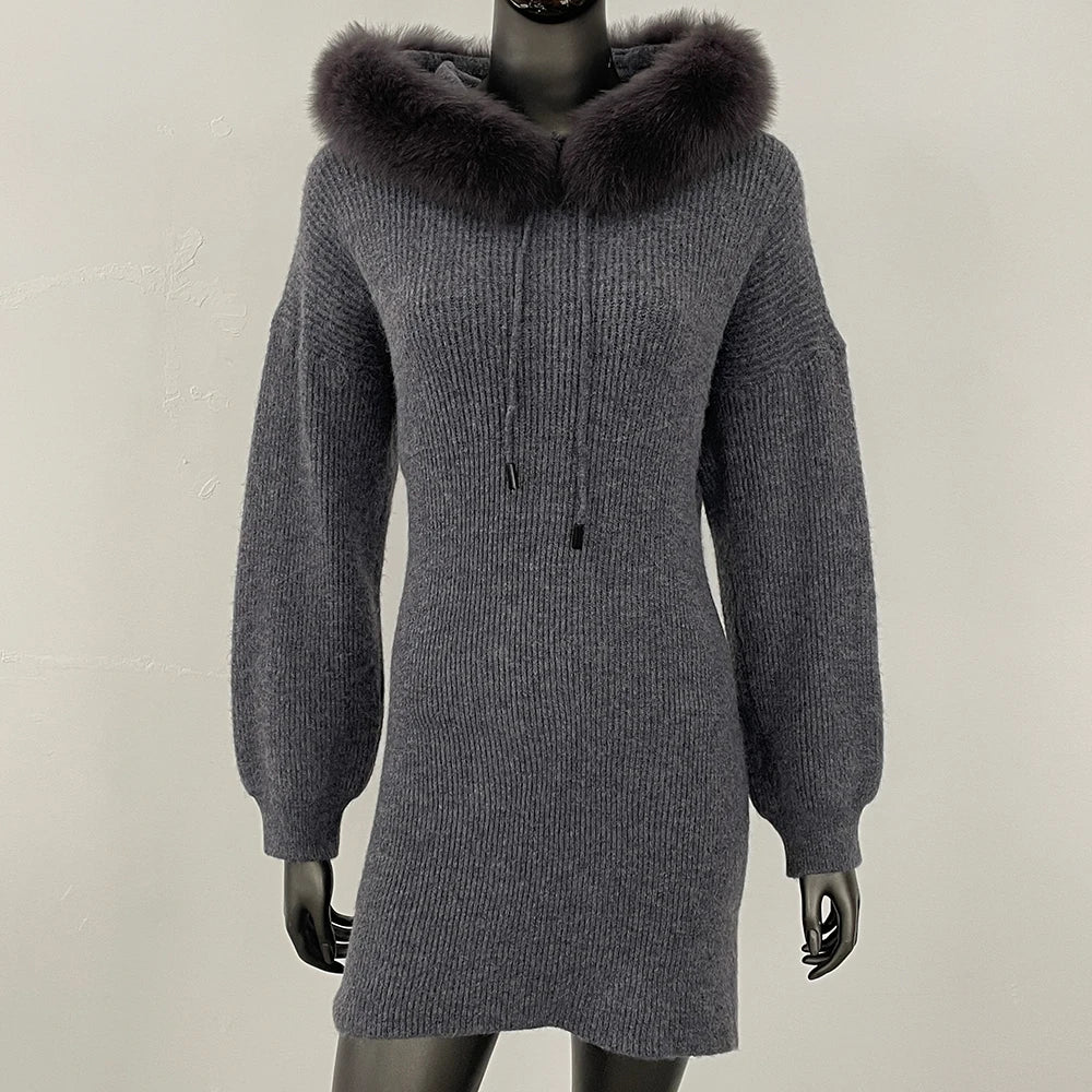ribbed knit sweater dress with fur hood