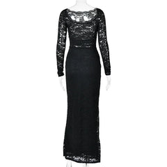 Black Lace Sheer Long Sleeve Ruched Maxi Dress