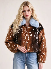 Faux Fur Deer Print Collar Jacket