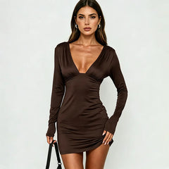 Brown long sleeve plunging neckline ruched mini dress