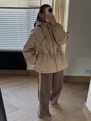 Gingham Drawstring Waist Hooded Jacket