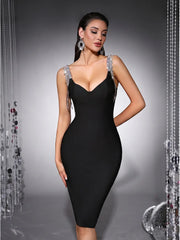 Black crystal strap bodycon midi dress detail