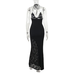 Deep V Halter Backless Maxi Party Dress in lace for women