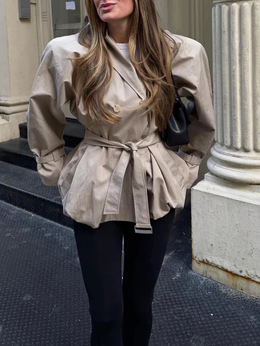 Belted hooded double-breasted coat with puff sleeves