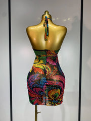 Sparkling print halter mini dress back view