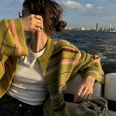 Green Striped Knit Cardigan