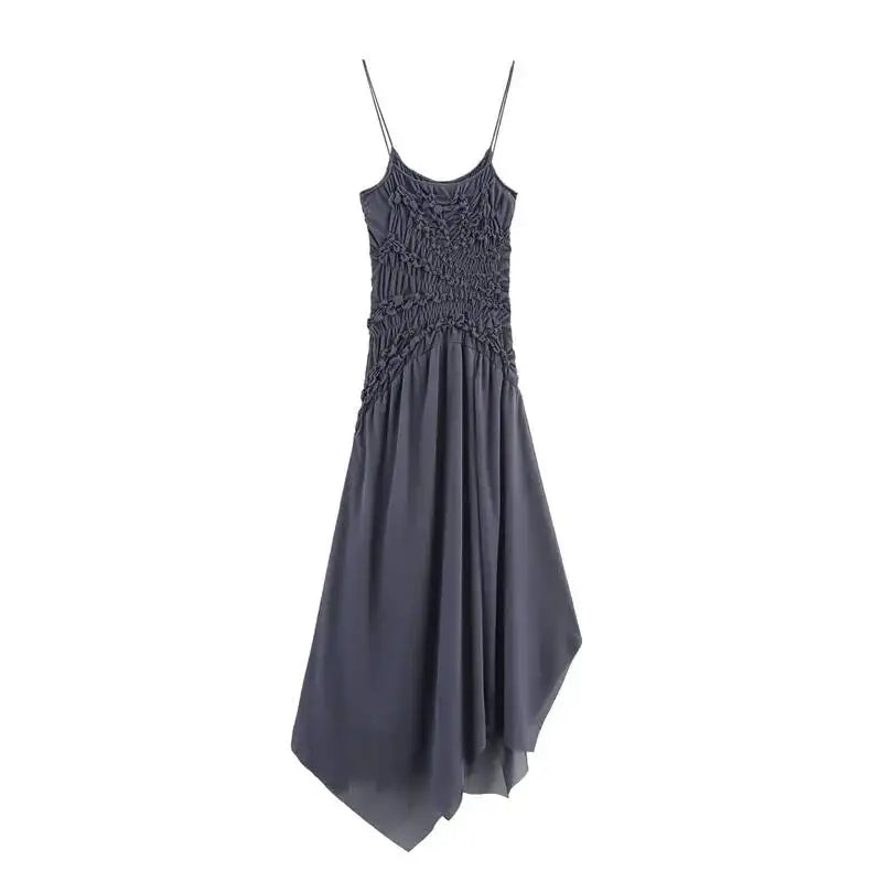 Ruched bodice asymmetrical hem spaghetti strap dress