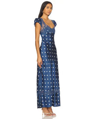 Satin Polka Dot Cap Sleeve Maxi Dress
