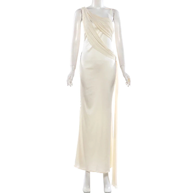 Mannequin wearing a one-shoulder cream evening gown on a white background