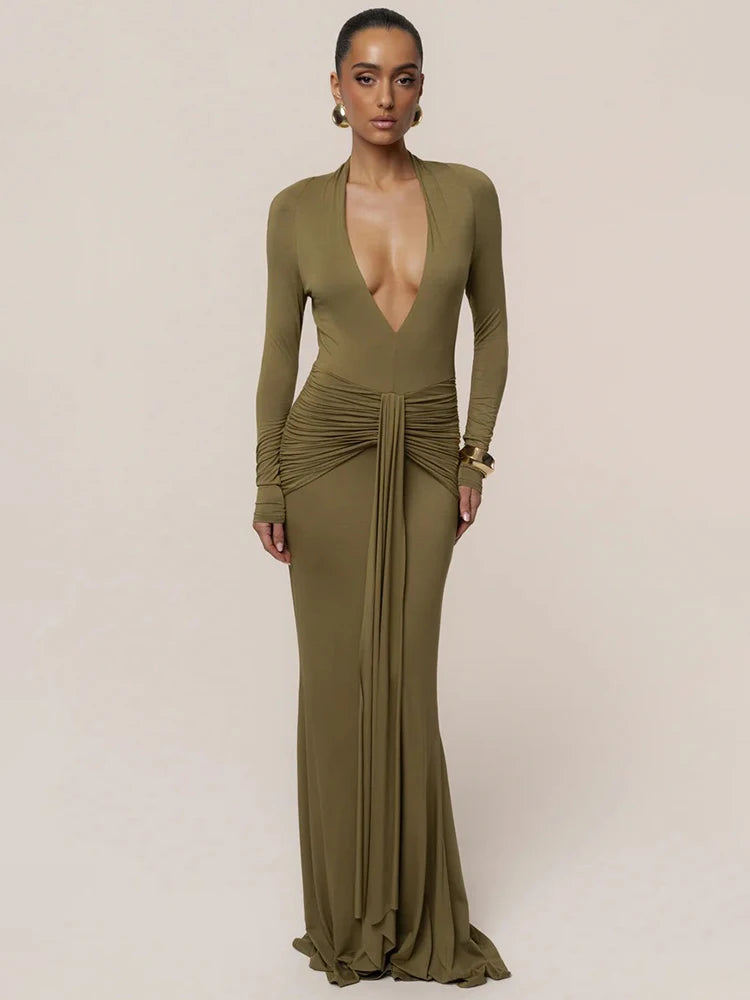 Maxi dress with deep V-neck and ruched detailing