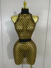 Gold sparkling mesh mini dress on mannequin