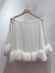 Pleated Off Shoulder Petal Hem Long Sleeve Top