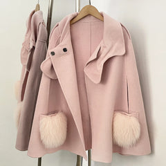 Bow Accent Cape Coat with Fur Pockets