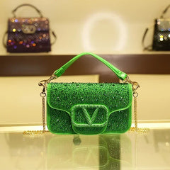 Diamond Studded Green Small Square Bag