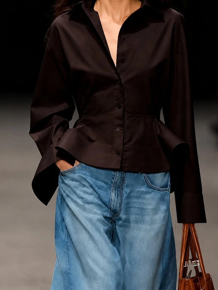 Dark brown peplum button shirt
