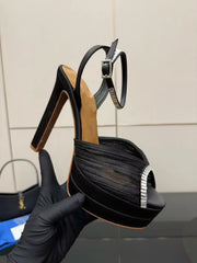 Rhinestone Pleated Mesh Open-Toe Ankle Strap Heels