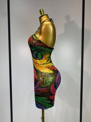 Sparkling print halter mini dress side view