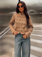 Faux suede military jacket worn with denim