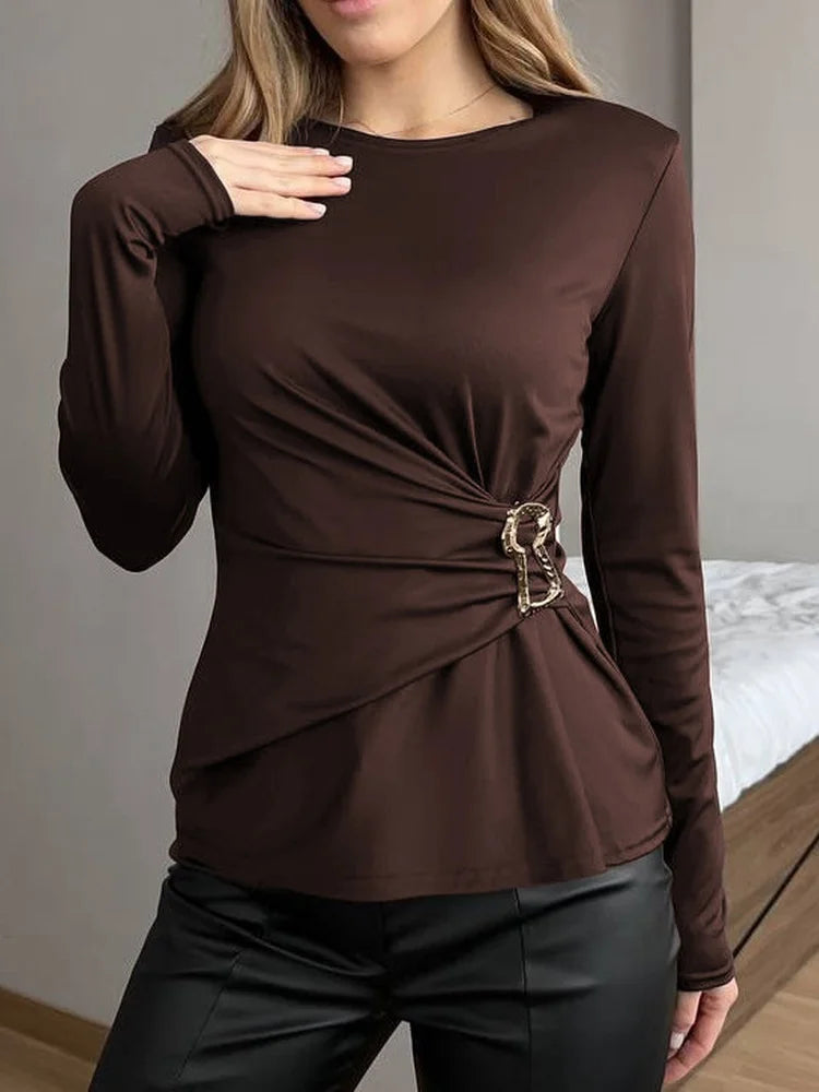 Brown ruched long sleeve top with metal ring detail