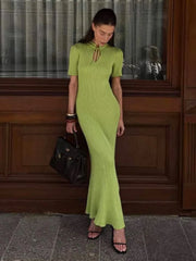 Knitted Short Sleeve Ruffle Maxi Dress